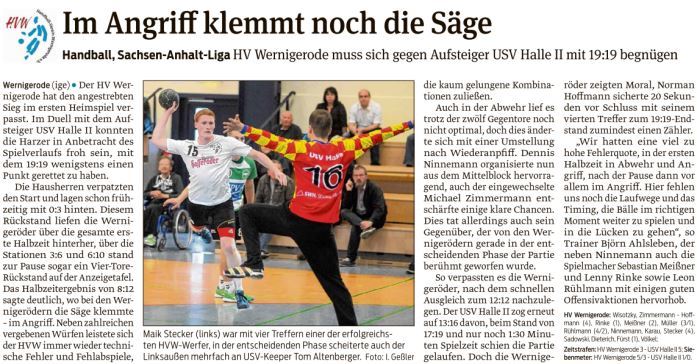 Volksstimme Bericht zum Spiel der 1. Mannschaft gegen USV Halle II